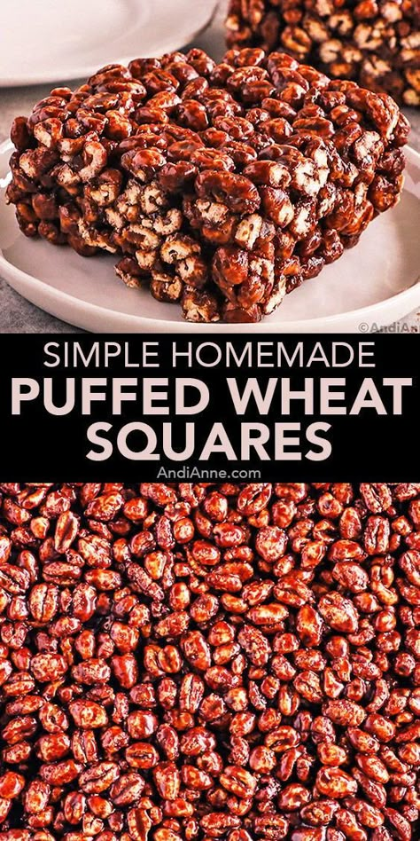 These classic puffed wheat squares start by melting butter, brown sugar, corn syrup, cocoa powder and vanilla extract in a large pot on the stove. Once it forms a melted chocolate liquid, the puffed wheat is added and mixed in. Wheat Puff Recipe, Puff Wheat Squares With Marshmallows, Chewy Puffed Wheat Squares, Chocolate Puffed Wheat Squares, Puff Wheat Cake, Puffed Wheat Squares No Corn Syrup, Puffed Wheat Squares With Marshmallows, Puffed Brown Rice Recipes, Corn Syrup Recipes Desserts