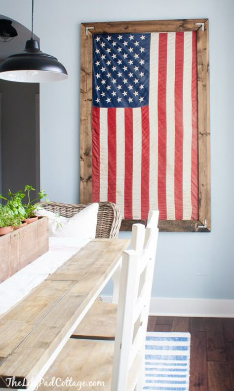 Barnwood Ideas, American Cottage, Lilypad Cottage, Navy Decor, American Flag Decor, Flag Hanging, 4th Of July Decor, Flag Display, Framed Flag