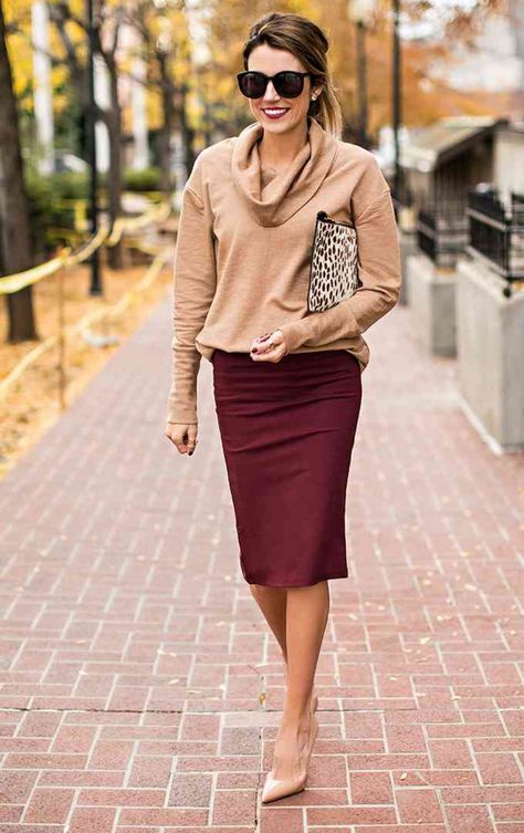 When it comes to fall workwear essentials, there are few styles as put-together and feminine as the pencil skirt. They are polished, profession-looking, and still flirty enough to change your top and wear from office to evening. Here are 13 chic new ways to wear the pencil skirt this fall: Getty ImagesMake head-to-toe color work for the office by opting for burgundy or navy. Keep your silhouette simple with a turtleneck sweater and classic pumps, but take the opportunity to rock some statemen... Rok Midi, Rok Outfit, Fall Workwear, Rok Mini, Pencil Skirt Outfits, Quoi Porter, Office Casual Outfit, Hello Fashion, Rock Outfit