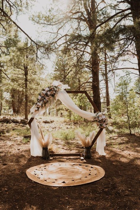 Arbor Ideas Hexagon, Ceremony Hexagon Arch, Woods Wedding Ceremony Decor, Wedding Arches Hexagon, Boho Wedding Hexagon Arch, Octagon Altar Wedding, Wedding Arbor Octogon, Hexagon Arbor With Drape, Wooden Octagon Wedding Arch