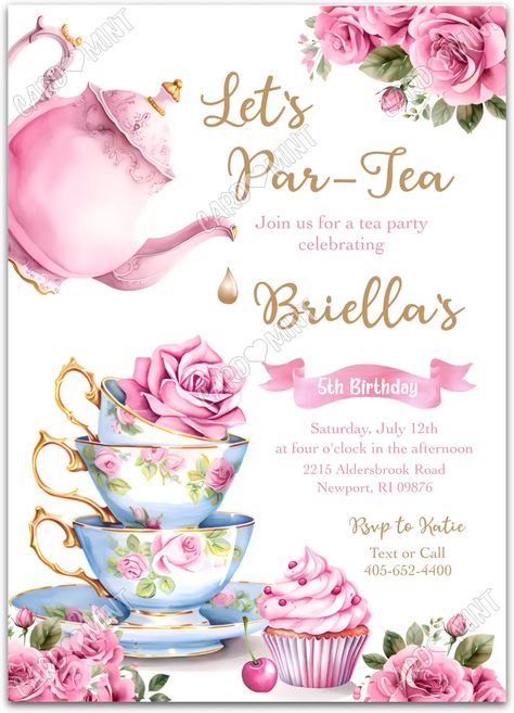 EV1209 Tea For Three Birthday Party Decorations, Tea Time Birthday Party, Princess Tea Party Invitations, Tea For Two Birthday Party Cake, Tea Party Bday Ideas, Lets Partea Birthday, Par-tea Birthday, Tea Party Invites Template, Tea Party Theme Ideas