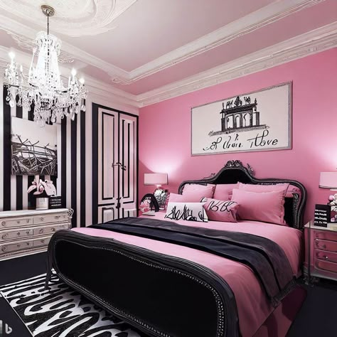 pink walls match the black furniture, bedding, and wall art, crystal chandelier, tufted headboard, and striped rug Pink And Black Walls Bedroom, Black And Pink Bedroom Ideas Girly, Pink And Grey Room Ideas Master Bedrooms, Pink And Black Room Aesthetic Baddie, Black Pink White Bedroom, Pink Grey And Black Bedroom, Pink White And Black Bedroom, Black Pink And White Bedroom, Black And Pink Bedroom Aesthetic