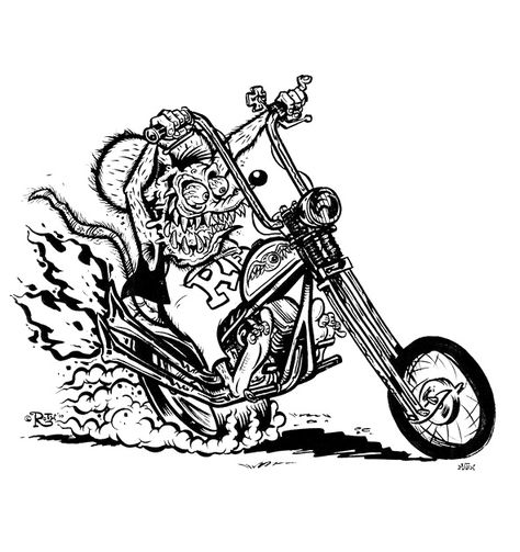 Rat Fink riding a chopper for OUTLAW MOTORCYCLES -- art by Ed Big Daddy Roth Ed Roth Art, Kustom Kulture Art, Bike Artwork, Rockabilly Art, Bike Tattoos, Biker Tattoos, Motorcycle Illustration, Graphic Design Collection, Cool Car Drawings