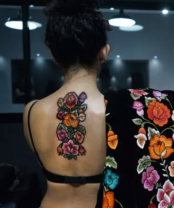 How These Embroidered Tattoo Designs Look So Real Illustrated Tattoo Style, Mexican Embroidery Tattoo Ideas, Mexican Design Tattoo, Embroidery Tattoos For Women, Mexican Art Tattoos For Women, Embroidery Style Tattoo, Tattoo Embroidery Designs, Mexican Floral Tattoo, Embroidery Tattoo Design