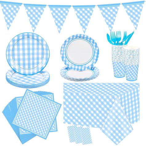 PRICES MAY VARY. Classic Design: our blue gingham party supplies have classic light blue and white checkered pattern, bright and eye catching, suitable for your daily life and holding parties, bringing you good using experience Party Theme Set: the package includes 198 pieces of gingham party supplies, including 1 checkered banner, 3 checkered tablecloth, 24 9 inches plates, 24 7 inches plates, 24 cups, 24 sets of forks, spoons and knives, enough for your party needs Convenient and Disposable: o Picnic Themed Parties, Gingham Party, Bbq Birthday, Boys Birthday Party Decorations, Gingham Tablecloth, Picnic Bbq, Birthday Bbq, Checkered Tablecloth, Plaid Tablecloth