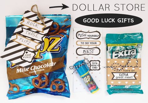 Good Luck Gifts - DIY for a $1 or less Gymnast Meet Gifts, Theater Good Luck Gift, Gymnastics Treats Good Luck, Gymnastic Meet Goody Bags, Gymnastics Competition Goodie Bags, Good Luck Treats For Dancers, Gymnastics State Meet Gifts, Gymnastics Goodie Bags, Gymnastics Good Luck Gifts