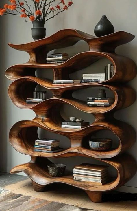 Modern Bookcase Design, Mid Century Modern Bookcase, Unusual Furniture, Bookcase Design, Modern Bookcase, Wooden Shelf, Apartment Decor Inspiration, Dream House Interior, Stylish Storage