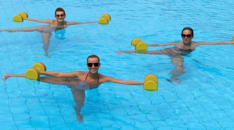 Aerobics Exercises, Fat Burning Water, Pool Weights, Water Aerobic Exercises, Water Aerobics Workout, Swimming Pool Exercises, Pool Exercises, Exercise Pool, Aquatic Exercises