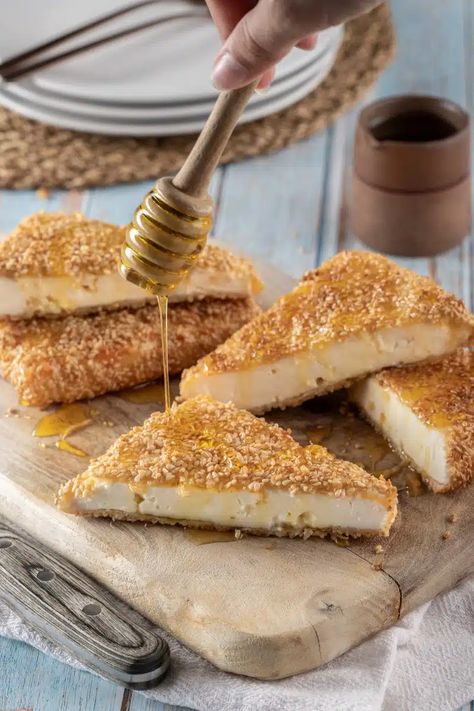 Cheese Saganaki: Fried Feta Cheese - Chef's Pencil Fried Feta Cheese, Shrimp Saganaki Recipe, Greek Fried Cheese, Fried Feta, Greek Recipe, Greek Cheese, Fried Cheese, Vegetarian Breakfast Recipes, Egg Free Recipes