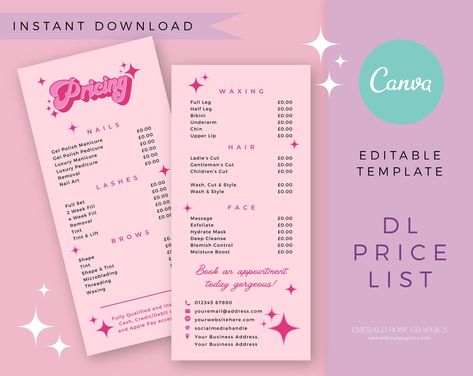 Price List | Editable Canva Template- Pink Retro DIY Customisable Price Menu Card, Pretty Funky Logo Branding Set, Boho Hippie 70s logo Canva Price List Ideas, Pink Canva Template, Price Menu Design, Cute Canva Design, Canva Document Design, Price List Design Graphics, How To Order, Pink Menu Design, Nail Price List Ideas