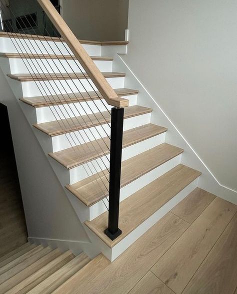 Stairs Vinyl Flooring, Oak Stair Treads White Risers, Dark Stair Treads Light Floors, Vynil Stairs Ideas, Stair Transition Ideas, Lvp Stairs With White Risers, Wood Stairs With White Risers, Ravenswood Oak Coretec, Stair Nose Ideas