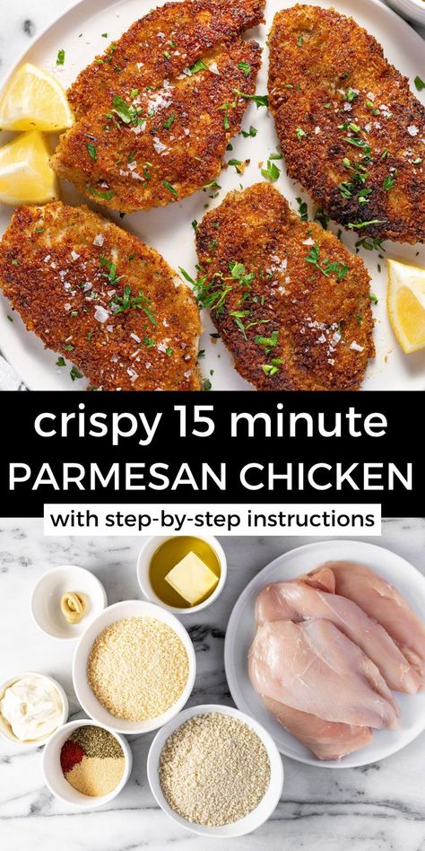 This crispy Parmesan crusted chicken is made with just a handful of simple ingredients and only takes about 15 minutes to throw together! It's a great way to take a boring chicken breast and transform it into a flavorful protein that your whole family will love. My secret ingredient keeps the chicken moist, tender, and juicy on the inside while it gets a super crispy, crunchy, delicious Parmesan crust on the outside!