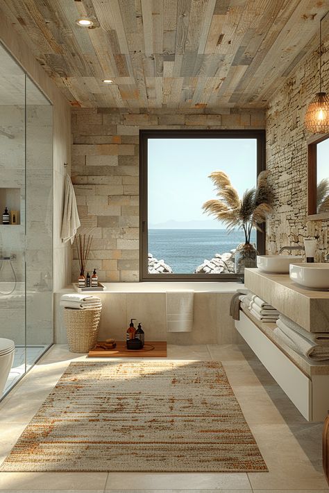 Escape to serenity in this modern rustic bathroom overlooking the ocean. Embrace the natural charm of stone and wood, paired with elegant vessel sinks and a luxurious built-in bathtub. Grupo Reunion masterfully envisions homes that preserve timeless beauty and unparalleled energy efficiency. Elevate your living spaces with passive design. Explore more with us! Bathtubs With A View, Bathtub Built In, Modern Rustic Bathroom, Built In Bathtub, Stone And Wood, Passive Design, Luxury Bathrooms, Vessel Sinks, Rustic Bathroom