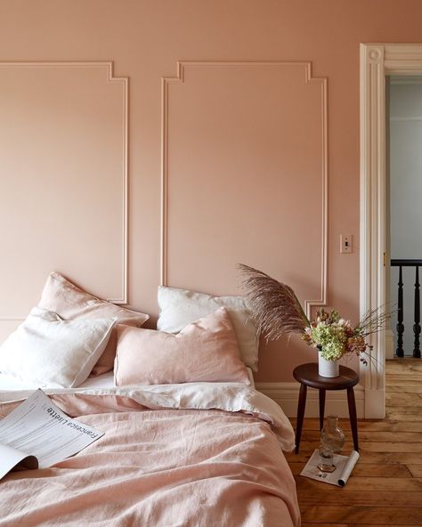 Benjamin Moore France Odessa Pink, Pale Pink Bedrooms, Peach Bedroom, Wall Molding, Pink Bedroom, Pink Room, Bedroom Paint, Linen Duvet, Pink Walls