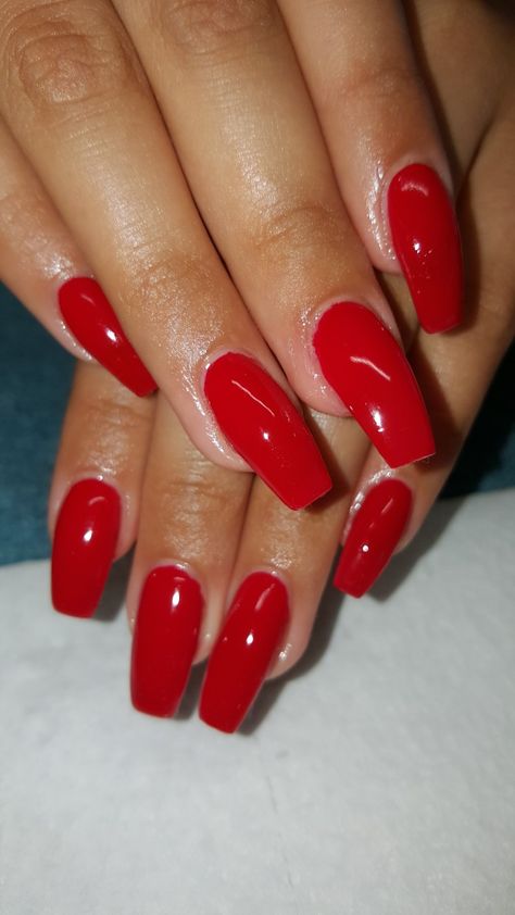 Red Hoco Nails Coffin, Red Nails Solid Color, Square Oval Red Nails, Red Nail Ideas Coffin Short, Red Gel Extension Nails, Red Nails Ballerina Shape, Red Ballerina Nails Short, Red Nail Square, Red Nails On Tan Skin