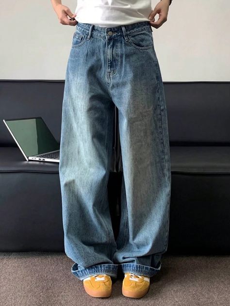 Women's Casual Straight Leg Denim Pants With Front Button And Multiple Pockets, Daily Wear Medium Wash Casual   Denim Plain Straight Leg Non-Stretch  Women Clothing, size features are:Bust: ,Length: ,Sleeve Length: Straight Flare Jeans, Straight Leg Denim, Women Denim Jeans, Clothing Styles, Casual Denim, Baggy Jeans, Women's Casual, Denim Pants, Colorful Leggings