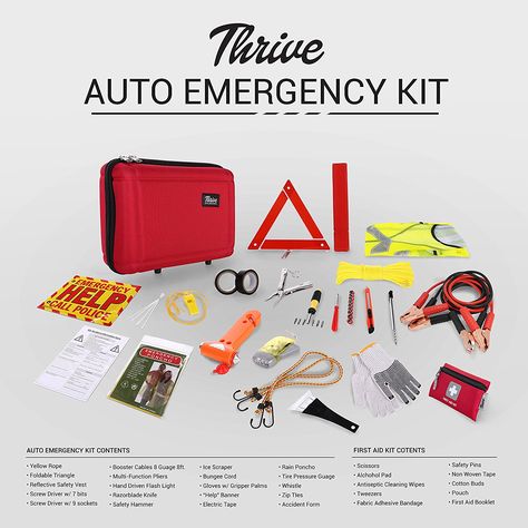 Amazon.com: Thrive Roadside Assistance Auto Emergency Kit + First Aid Kit – Case - Contains Jumper Cables, tools, Reflective Safety Triangle and more. Ideal winter accessory for your car, truck, camper: Automotive Car Emergency Kit For Women, Emergency Kit For Women, Emergency Car Kit, Car Tool Kit, Beautiful Tree Houses, Mini First Aid Kit, Car Emergency Kit, Rain Poncho, Roadside Assistance