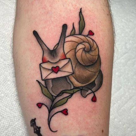 Tattoo Snail Mail Tattoo, Snail Tattoo Colorful, Neo Traditional Snail Tattoo, Love Traditional Tattoo Ideas, American Traditional Snail Tattoo, Whimsical Sleeve Tattoo, Traditional Snail Tattoo, Snail Tattoo Design, Traditional Fairy Tattoo