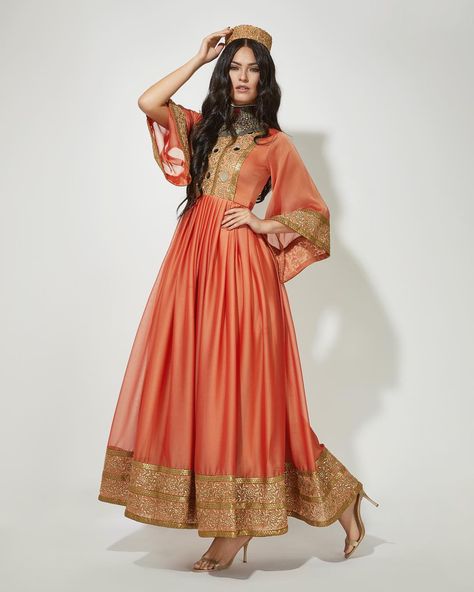 Look - 3 #spring #2019 Persian Dress, Afghan Wedding Dress, Moroccan Dresses, Afghani Dress, Afghani Dresses, Afghan Style, Afghani Clothes, Shade Of Orange, Afghan Dress