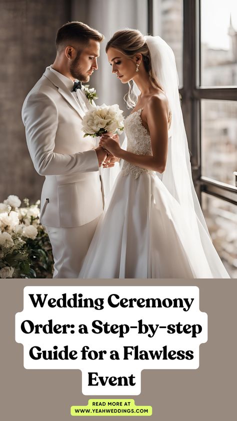 A wedding couple in their perfect wedding ceremony order. Wedding Ceremony Step By Step, Wedding Ceremony To Do List, Ceremony Procession Order, How To Plan A Wedding Ceremony, Ceremony Checklist Wedding, Wedding Ceremony Schedule, Order Of Wedding Procession, Wedding Line Up Order Ceremony, Ceremony Only Wedding