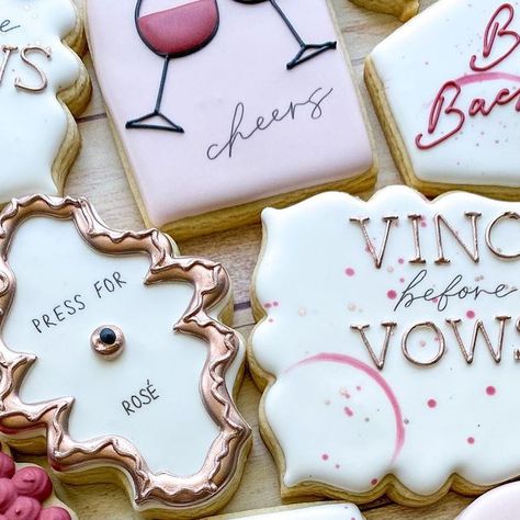 Emily’s Bake Shop on Instagram: "Wine themed bachelorette cookies for a special bach party in Napa Valley! 🍇🍷 I absolutely loved making these!! The theme was rose gold and wine, and I took it from there! • Vino before vows cookie inspired by @newberrycookieco • Wine ring technique inspired by @missypsweets • #emilysbakeshop #customcookies #decoratedcookies #cookier #cookieart #sugarcookies #sugarcookiedecorating #sugarcookiemarketing #njbaker #njcookies #bacheloretteparty #bachelorettecookies Napa Themed Bachelorette, Vino Before Vows Cookies, Wine Cookies Decorated, Vino Before Vows Bachelorette, Bachelorette Party Cookies, Winery Bachelorette, Vino Before Vows, Club Bachelorette, Wine Cookies