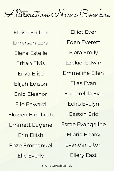 Looking for a first and middle name combo with alliteration? These names starting with E are excellent options!
#alliterationnames #names #babynames #characternames #enames #namesstartingwithe Elegant Boy Names, First And Middle Names, Middle Names, Writing Things, Fantasy Names, Aesthetic Names, Pretty Names, Name Inspiration