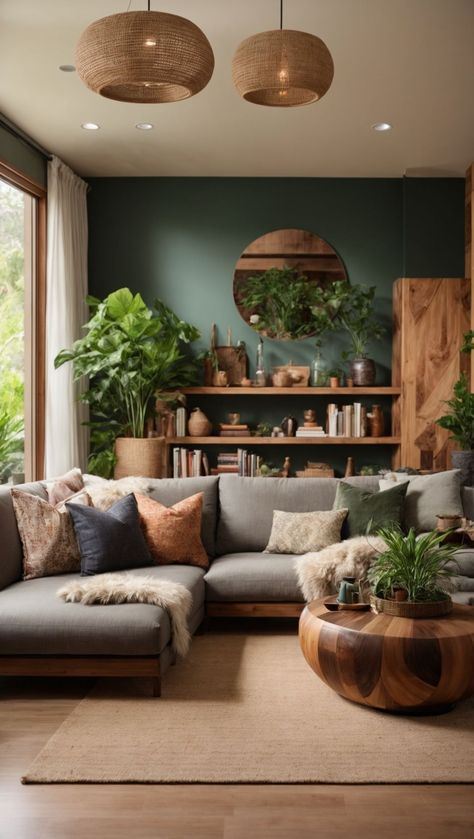 Living Room Olive Green Walls, Coffee Living Room Ideas, Modern Lounge Design Living Rooms, Cozy Living Room Green Walls, Green Living Room Plants, Natural Green Living Room, Small Living Room Decor Ideas Farmhouse, Cozy Living Room Plants, Organic Modern Colorful