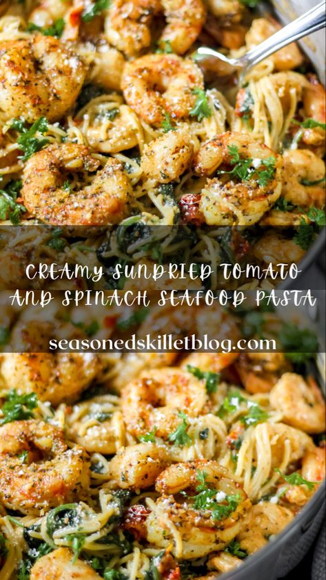 Creamy Sundried Tomato and Spinach Seafood Pasta, this easy one pot seafood pasta dish is perfect for weeknight family dinners. Al dente pasta is generously tossed in a delicious creamy garlic parmesan sauce loaded with sundried tomatoes, spinach, shrimp, and scallops! Serve with warm crusty bread, steamed veggies or salad to make it a complete dinner! Shrimp Sundried Tomato Pasta, Creamy Shrimp And Crab Spinach, Baked Shrimp Alfredo, Shrimp Pasta Sun Dried Tomatoes Recipes, Shrimp Pasta With Sun Dried Tomatoes And Spinach, Scallop Sundried Tomato Pasta, Sundried Tomato Pesto Pasta, Creamy Garlic Parmesan Sauce, Dinner Seafood