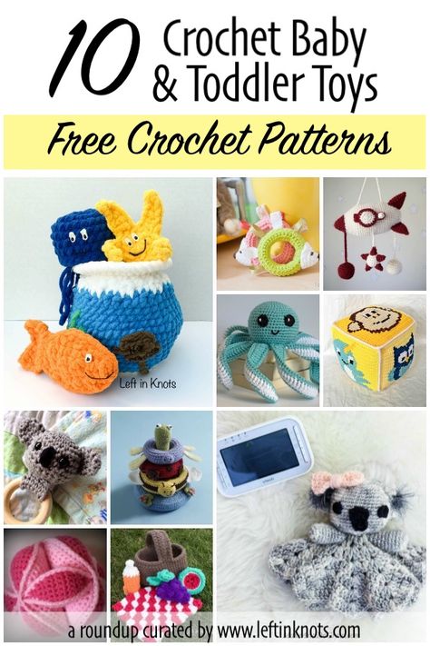 Crocheted baby and toddler toys are a fun way to give a DIY baby gifts without making a baby blanket, and if my opinion they can be a lot more fun to make too!  They are often faster and less expensive than baby blankets also.  Here are 10 of my favorite free crochet baby and toddler toy patterns.  #freecrochetpattern #crochetpatternroundup #crochet Crochet Patterns For Babies, Crochet Baby Mobiles, Crochet Baby Gifts, Toys Ideas, Crocheted Patterns, Spinning Wool, Crochet Toddler, Diy Baby Gifts, Crocheted Items