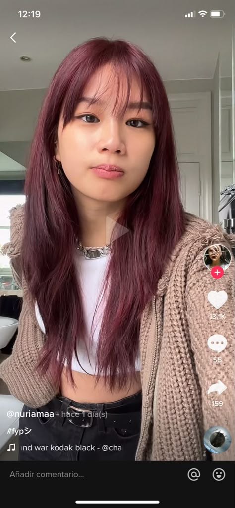 Maroon Tinted Hair, Asian With Dark Red Hair, Asian Red Hair Short, Best Asian Hair Color, Cherry Red Asian Hair, Erika Titus Red Hair, Burgundy Asian Hair, Asian Cherry Red Hair, Cherry Cole Hair