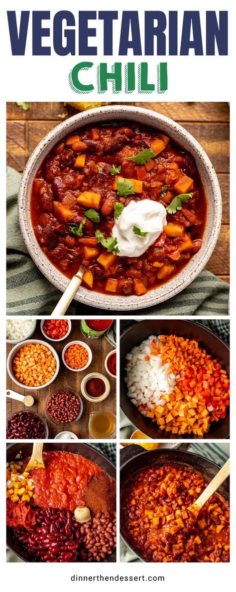 Vegetarian Chili is an easy hearty meat-free chili recipe full of flavor. Made with sweet potatoes and two kinds of beans, ready in 1 hour! Crockpot Vegetarian Chili Recipe, Crockpot Vegetarian Chili, Crock Pot Vegetarian Chili, Veggie Chili Recipe, Best Vegetarian Chili Crockpot, Vegetarian Chili No Beans, Vegetarian Chili Crock Pot Sweet Potato, Vegetable Chili Recipe, Sweet Potato Chili Vegetarian