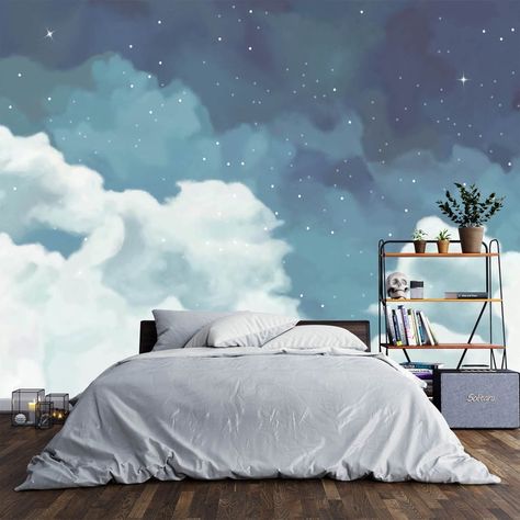 Fantastic starry sky wallpaper removable clouds wall mural for | Etsy Starry Sky Wallpaper, Clouds Wall Mural, Cloud Bedroom, Hotel Ceiling, Home Hallway, Kindergarten Wallpaper, Nursery Wall Murals, Sky Wallpaper, Hallway Bedroom