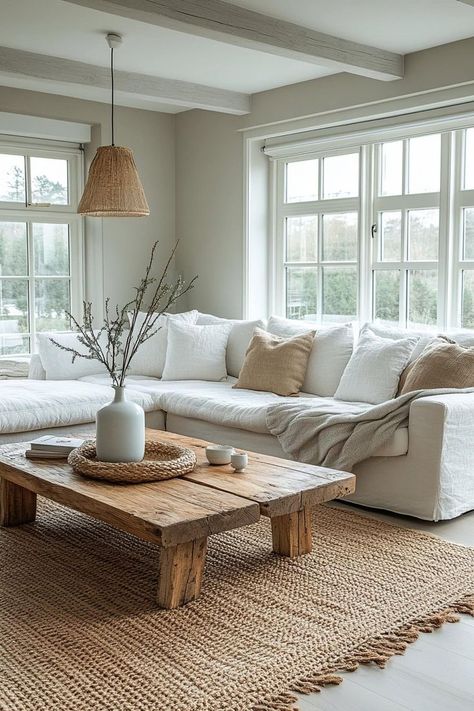 White And Bright Living Room, Light Hardwood Living Room, White Couch Cozy Living Room, Cream And White Apartment, White Tiled Floors Living Room, Sectional White Sofa, Wood Floor Decor Living Rooms, Small White House Interior, Clean White Modern Interior