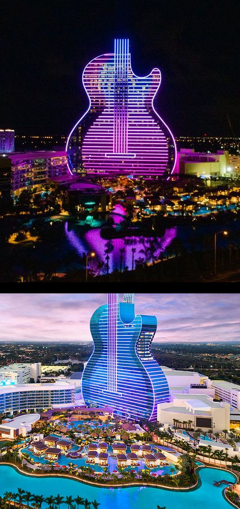 Hard Rock Hotels opened the world’s first guitar-shaped hotel. Standing 450 feet tall this is located in South Florida and features a 13.5 acre swimming pool, a lagoon for water sports, a concert hall that can seat 7,000 spectators and a Hard Rock Casino. Crazy Buildings, Hardrock Hotel, Project Graduation, Hard Rock Casino, Bloxburg Builds, Fit Club, Hollywood Florida, Hard Rock Hotel, Fitness Club