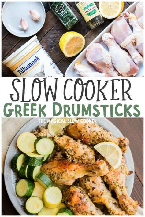 These Slow Cooker Greek Drumsticks have so much flavor and are fall off the bone good! Slow Cooker Greek Chicken, Magical Slow Cooker, The Magical Slow Cooker, Slow Cooker Pasta, Drumstick Recipes, Chicken Drumstick Recipes, Crockpot Dishes, Low Cholesterol, Greek Chicken