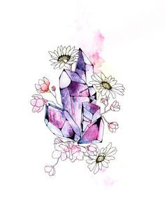 Amethyst tattoo. My spirit stone. Or maybe use this for a birth stones/birth flower tat example. Flowers And Crystals, Crystal Tattoo, Kunst Tattoos, Tattoos Geometric, Desenho Tattoo, Arte Inspo, Art And Illustration, Watercolor Drawing, Pics Art