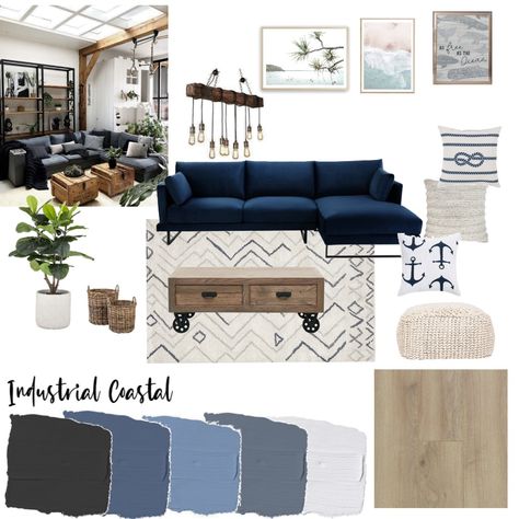 Coastal Industrial Living Room, Blue Couch Industrial Living Room, Modern Industrial Coastal, Beach Industrial Decor, Industrial Beach Decor, Industrial Coastal Style, Navy Blue Industrial Living Room, Industrial Beach House Interior Design, Industrial Hamptons Style