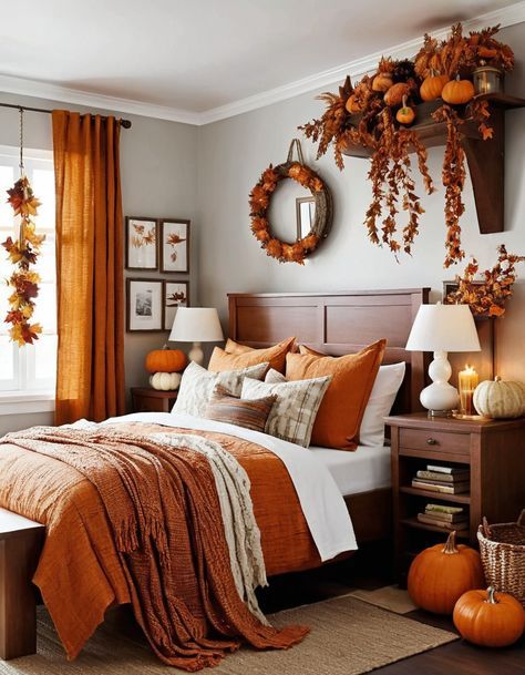 Thanksgiving Bedroom Decor, Thanksgiving Bedroom, Pumpkins And Candles, Holiday House Decor, Fall Interior Design, Cozy Textiles, Fall Bedroom Ideas, Fall Room, Fall Room Decor