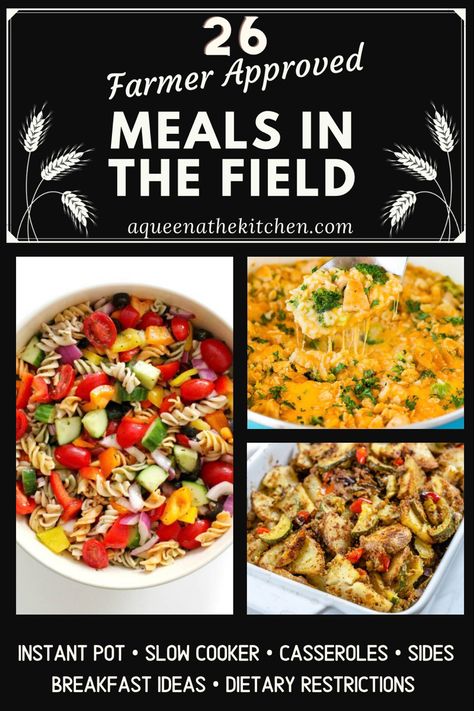 A collage of food dishes with text that reads 26 Farmer Approved meals in the field Farmer Friendly Meals, Supper In The Field Ideas, Field Supper Ideas, Meals For Harvest Crew, Meals For Farmers In The Field The Farm, Tractor Meals For Farmers, Farmer Meals To Go, Harvest Meals In The Field, Field Meals For Farmers