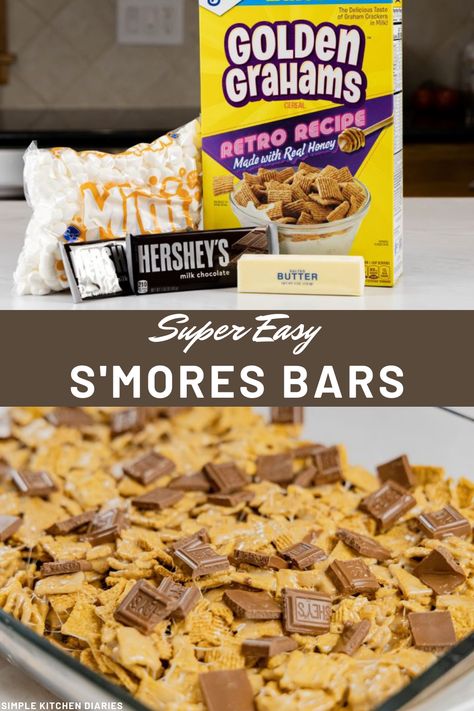 golden grahams, marshmallows, hershey chocolate, smores bars Golden Gram Smore Bars, S’mores Granola Bars, The Very Best S’mores Bars, Graham Bar, Golden Graham Treats, Golden Graham Smores, Golden Grahams Smores Bars, Cereal Treat Bars, Dessert For Kids