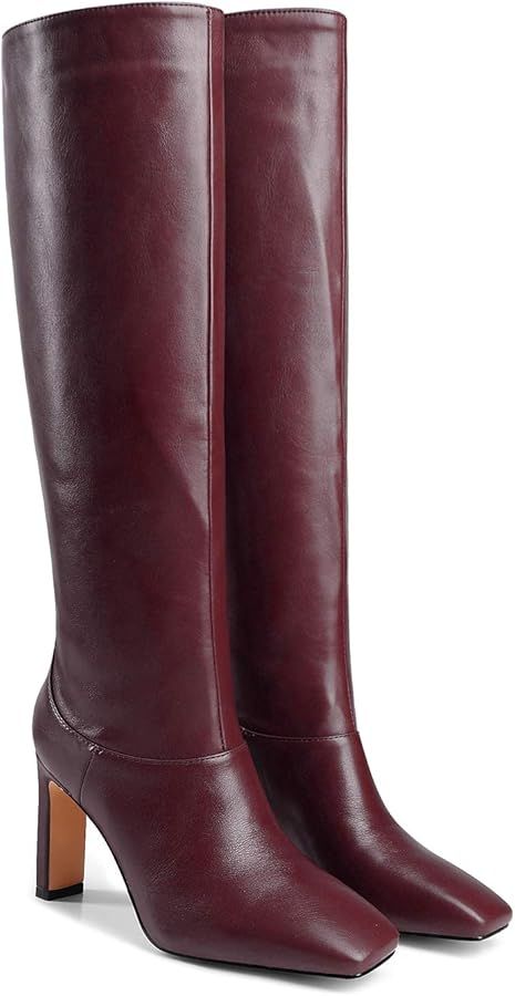 Amazon.com | LEHOOR Women Knee High Chunky Heel Boots Matte Leather Square Closed Toe Slip On High Heeled Dress Shoes Sexy Trendy for Ladies Burgundy 9 M US | Knee-High Cherry Red Boots, Brunch Outfit Winter, Chunky Heel Boots, Winter Fashion Boots, Boot Pulls, Winter Shoes For Women, Party Heels, Chunky Heels Boots, Chunky High Heels