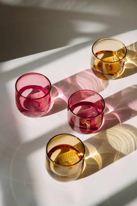 Glass Cup Photoshoot, Stained Glass Cups, Colourful Glassware, Colourful Glasses, Mcm Glassware, Refracting Light, Coloured Glassware, Leith Edinburgh, Gem Tones