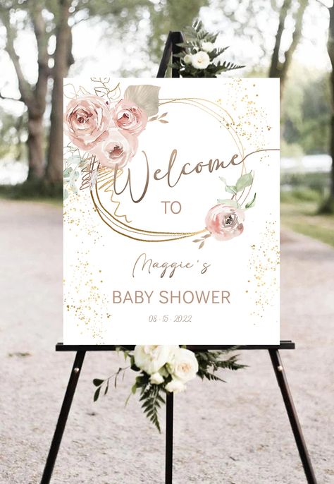 "This is an editable welcome to baby shower sign template featuring bohemian dusty pink floral set on a gold hoop. This template can be edited for any event of your choice. Click on the link below to view our matching items. Matching items: https://www.etsy.com/shop/SavageSensations?search_query=br This is an editable Invitation template using Corjl.com - It is easy to use, you will receive an email after your purchase in which you may edit your card. We do not edit for you. Easily edit the temp Baby Shower Girl Theme Pink, Boho Baby Shower Welcome Sign, Rose Gold Baby Shower Decorations, Boho Pink Baby Shower, Welcome Sign Baby Shower Girl, Pastel Pink Baby Shower Ideas, Light Pink Baby Shower Decor, Dusty Rose Baby Shower Theme, Dusty Pink Baby Shower Ideas