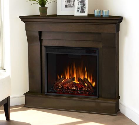 Real Flame® 41" Chateau Corner Electric Fireplace | Pottery Barn Electric Fireplace Mantel, Media Electric Fireplace, Corner Electric Fireplace, Stone Mantel, Fireplace Heater, Real Flame, Corner Fireplace, The Chateau, Wood Burning Fires