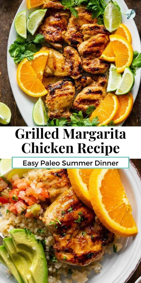 This margarita chicken marinates in citrus and garlic and turns out juicy, packed with flavor, and great with all your favorite summer BBQ side dishes! Simple, refined sugar free, naturally paleo friendly. The best summer marinade recipe! Margarita Chicken Recipe, Chicken Marinates, Clean Eating Menu Plan, Paleo Margarita, Side Dishes Simple, Paleo Food Ideas, Aip Dinners, Margarita Chicken, Summer Bbq Side Dishes