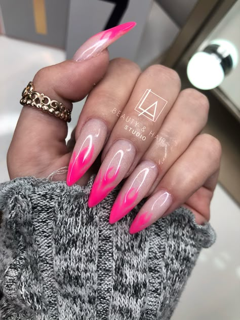 Neon Pink Almond Nails Design, Flame Almond Nails, Pink Flame Nails Almond, Acrylic Nail Designs Stiletto, Pink Flame Nails Acrylic, Neon Flames, Hot Pink Stilleto Nails Designs, Pink Flame Nails, Neon Ombre Nails