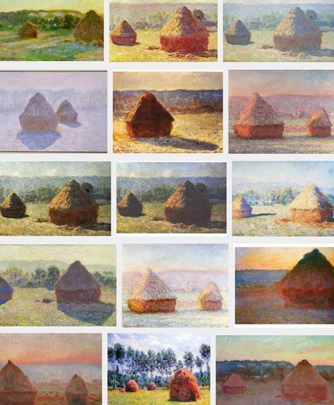 Monets Haystacks, known for its thematic use of repetition to show differences in perception of light across various times of day, seasons, and types of weather. Monet Haystacks Paintings, Monet Haystacks, Claude Monet Haystacks, Different Times Of Day, Haystacks Monet, Artist Monet, Famous Artists Paintings, Claude Monet Paintings, Environment Painting