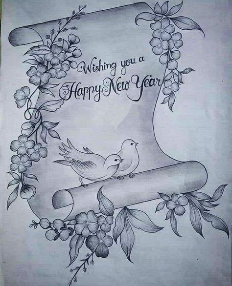 Happy New Year Sketch, Vector Motifs, New Year Drawing Ideas, New Year Drawing, Happy Birthday Hand Lettering, Drawings For Him, Drawing Ideas Creative, Book Art Projects, Animal Art Projects