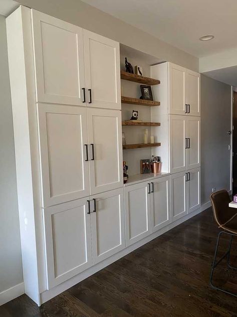 Kitchen Built-ins - Imgur Built In Pantry Cabinet Wall Custom, Dining Room With Pantry Cabinet, Pantry Nook In Kitchen, Diy Pantry Wall Cabinets, Wall Pantry Ideas Built Ins Kitchen Cabinets, Built In Wall Pantry, Wall Of Storage Cabinets Built Ins, Hall Cabinets Built In, Pantry Built In Cabinets