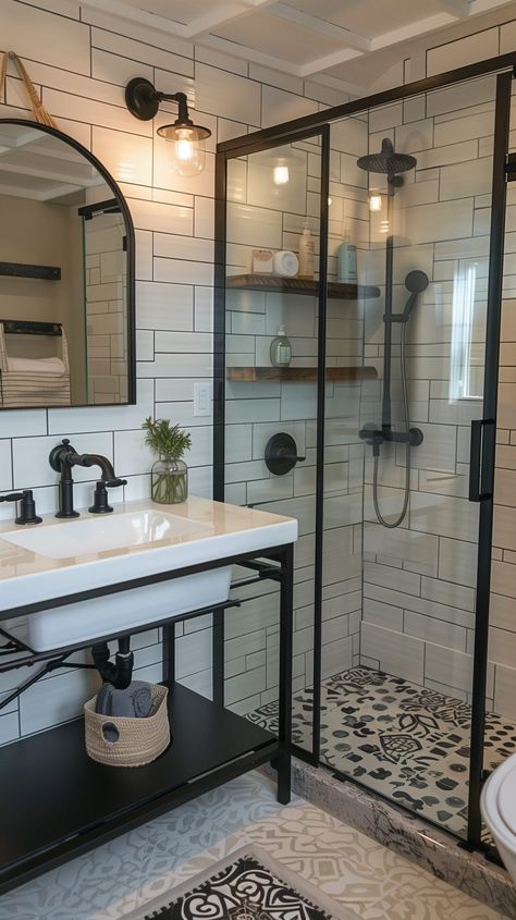 Farmhouse Bathroom Decor Ideas - Remodr Small Farm Bathroom, Small Farm Bathroom Ideas, Small Lake House Bathroom Ideas, Bathroom Design Ideas Farmhouse, Shower Next To Vanity, Farmhouse Walk In Shower Ideas, Farmhouse Bathroom Shower Ideas, Standing Shower Bathroom Ideas, Mini Bathroom Design